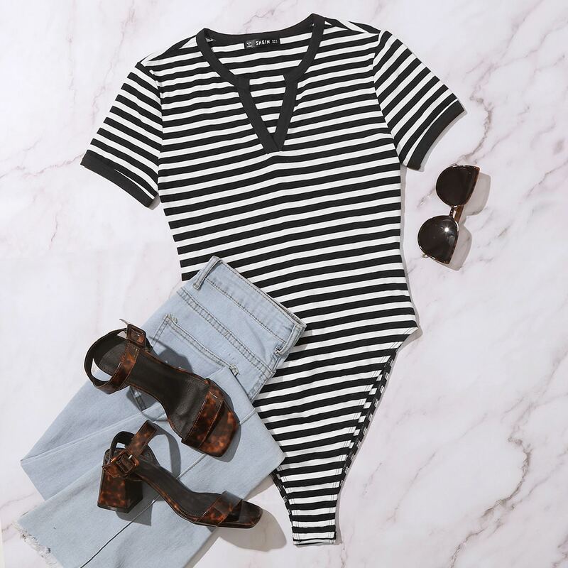 

Notch Neck Striped Ringer Bodysuit, Black and white