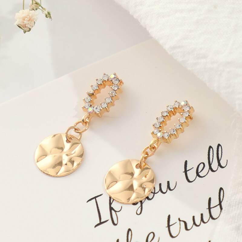 

1pair Rhinestone Engraved Round Drop Earrings, Gold