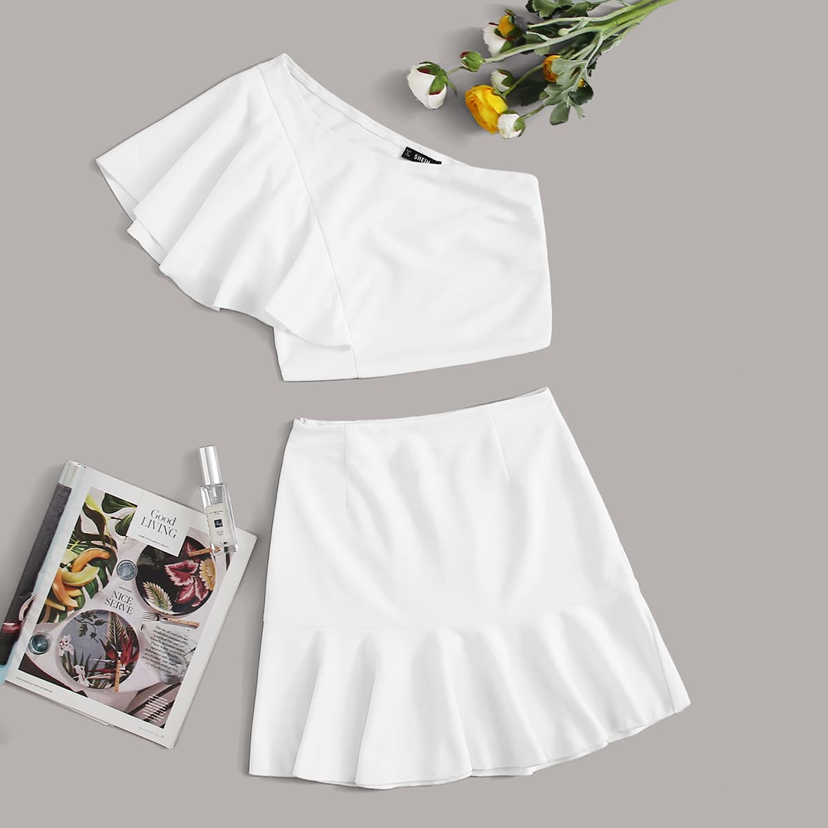 

One Shoulder Butterfly Sleeve Crop Top & Ruffle Hem Skirt Set, White
