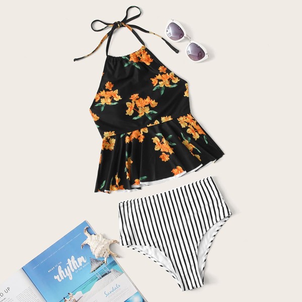 

Floral & Striped Halter Peplum Bikini Swimsuit, Multicolor