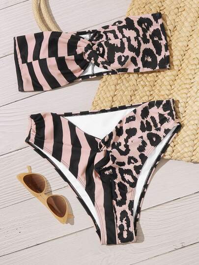 Striped & Leopard Twist Bandeau Bikini Swimsuit