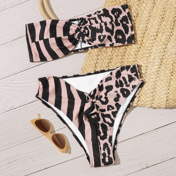 

Striped & Leopard Twist Bandeau Bikini Swimsuit, Multicolor
