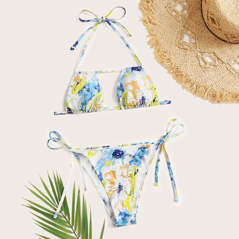 

Allover Graphic Halter Tie Side Bikini Swimsuit, Multicolor