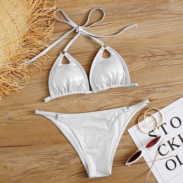 

Metallic Halter Triangle Tanga Bikini Swimsuit, Grey
