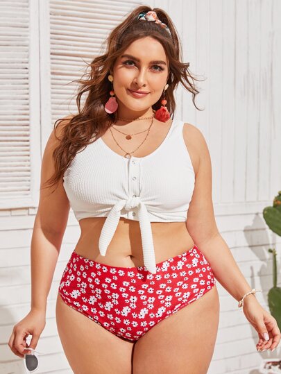Plus Floral Rib Knot Front Bikini Swimsuit