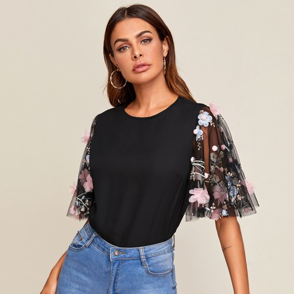 

Applique Detail Embroidered Mesh Flutter Top, Black