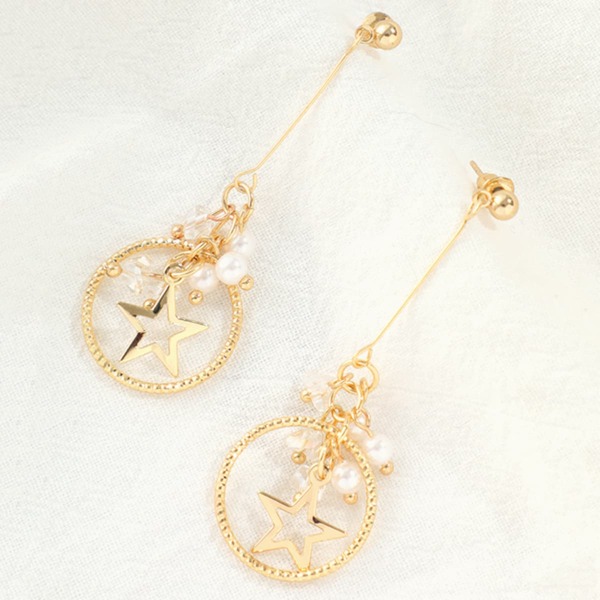 

1pair Faux Pearl Tassel & Star Decor Long Drop Earrings, Gold