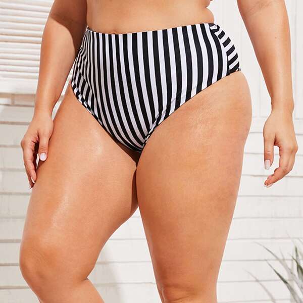 

Plus Striped High Waisted Bikini Panty, Black and white
