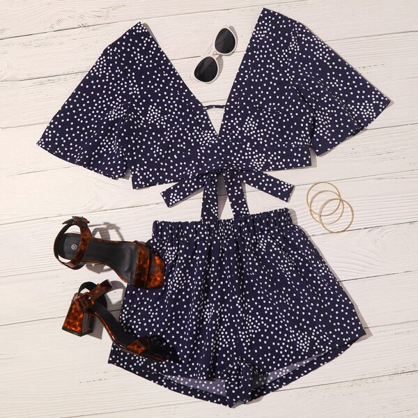 

Polka Dot Print Tie Front Top & Shorts Set, Navy blue
