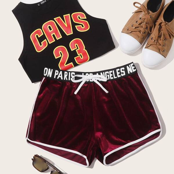 

Letter Tape Tie Waist Velvet Dolphin Shorts, Burgundy
