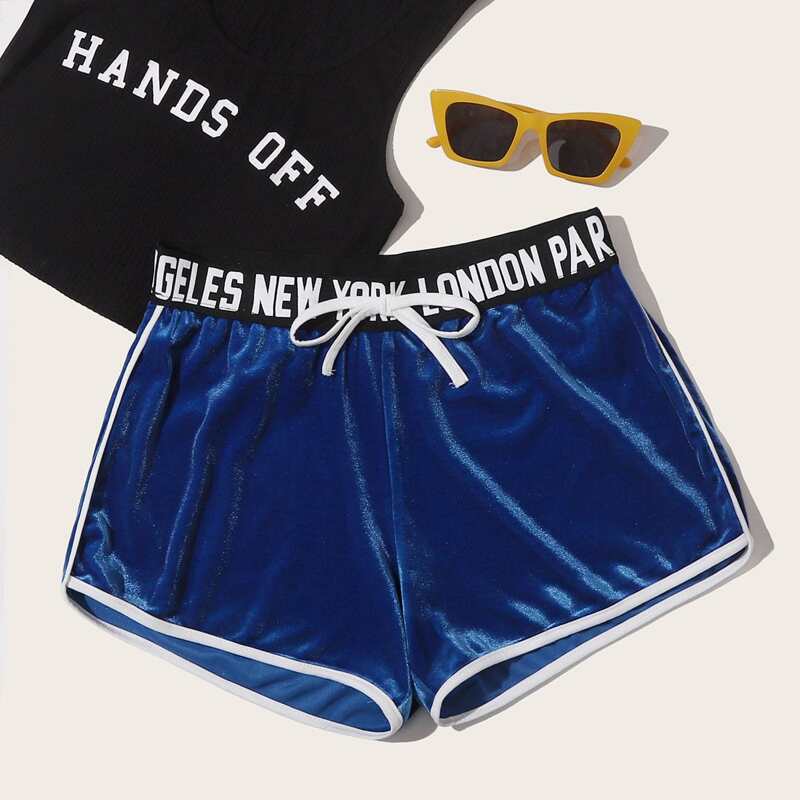 

Letter Tape Waist Contrast Binding Velvet Shorts, Blue