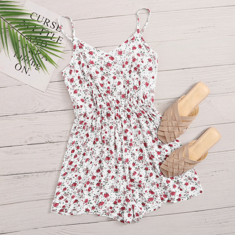 

Floral Print Ruched Cami Romper, White