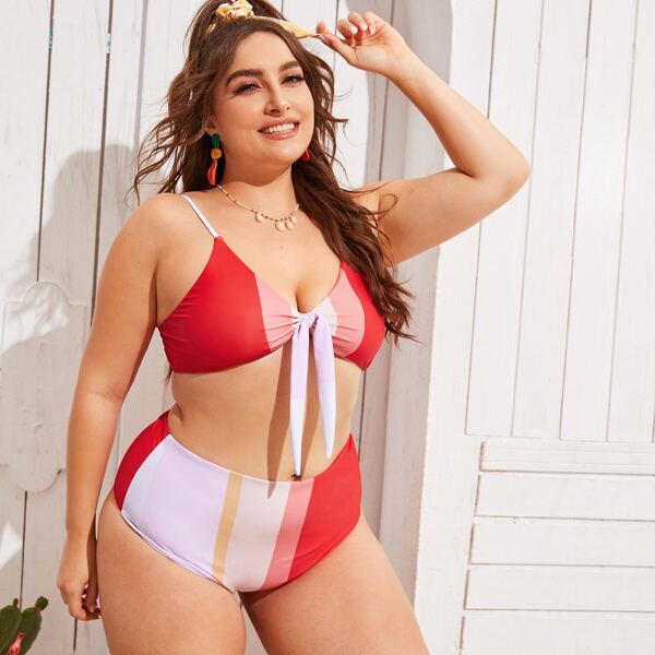 

Plus Color Block Knot Front Bikini Swimsuit, Multicolor