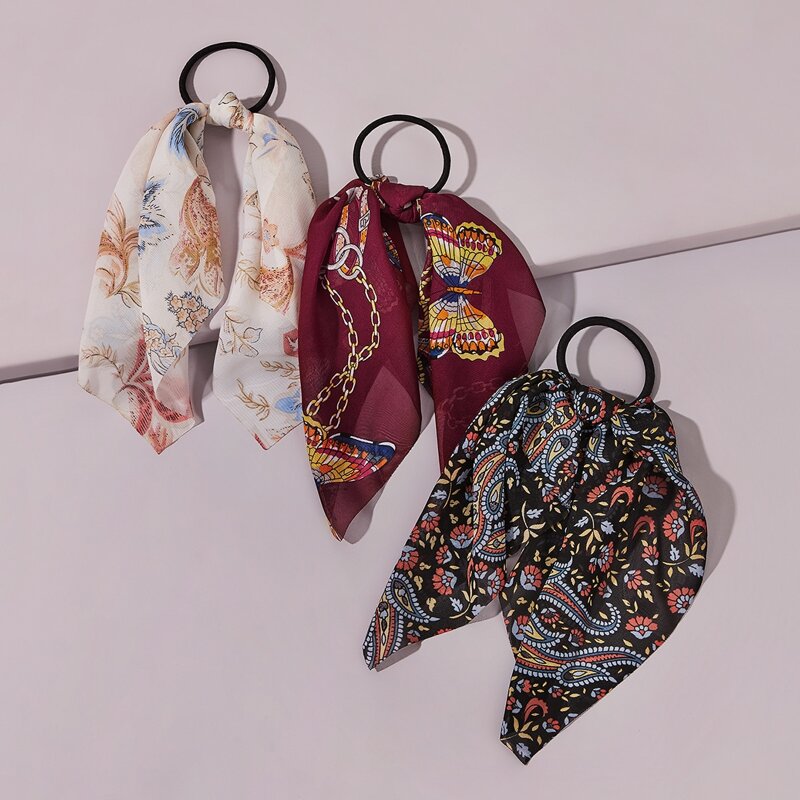 

3pcs Chain & Paisley Pattern Bow Knot Decor Hair Tie, Multicolor