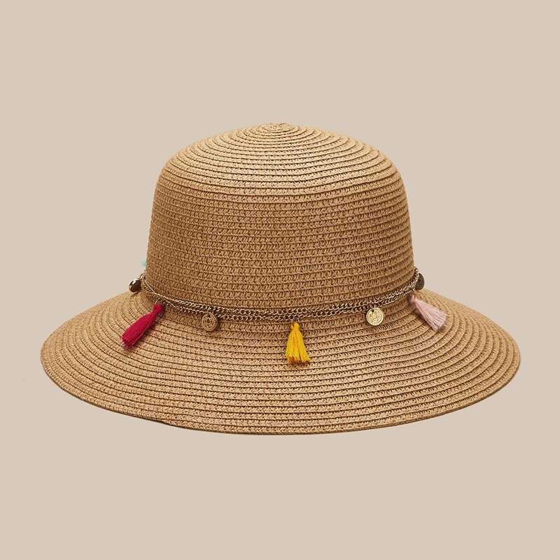 Tassel Decor Straw Hat, Khaki