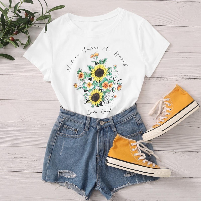

Slogan & Sunflower Print Tee, White