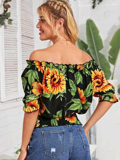 Sunflower Print Ruffle Trim Tie Front Bardot Blouse
