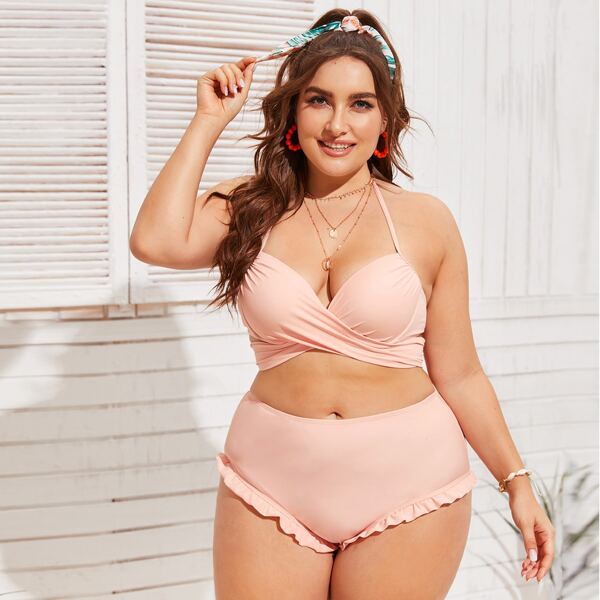 

Бикини на косточках с драпировкой размера плюс, Розовые