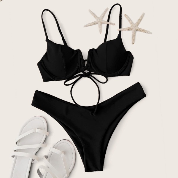 

V Wired Underwire High Cut Bikini Swimsuit, Black