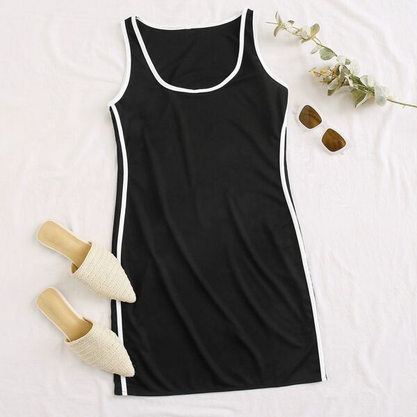

Side Stripe Tape Tank Dress, Black