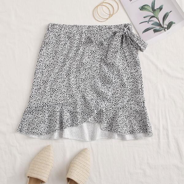 

Leopard Print Tie Side Wrap Skirt, Black and white