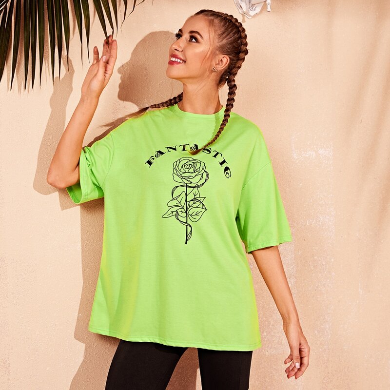 

Neon Floral Print Oversized Tee, Green bright