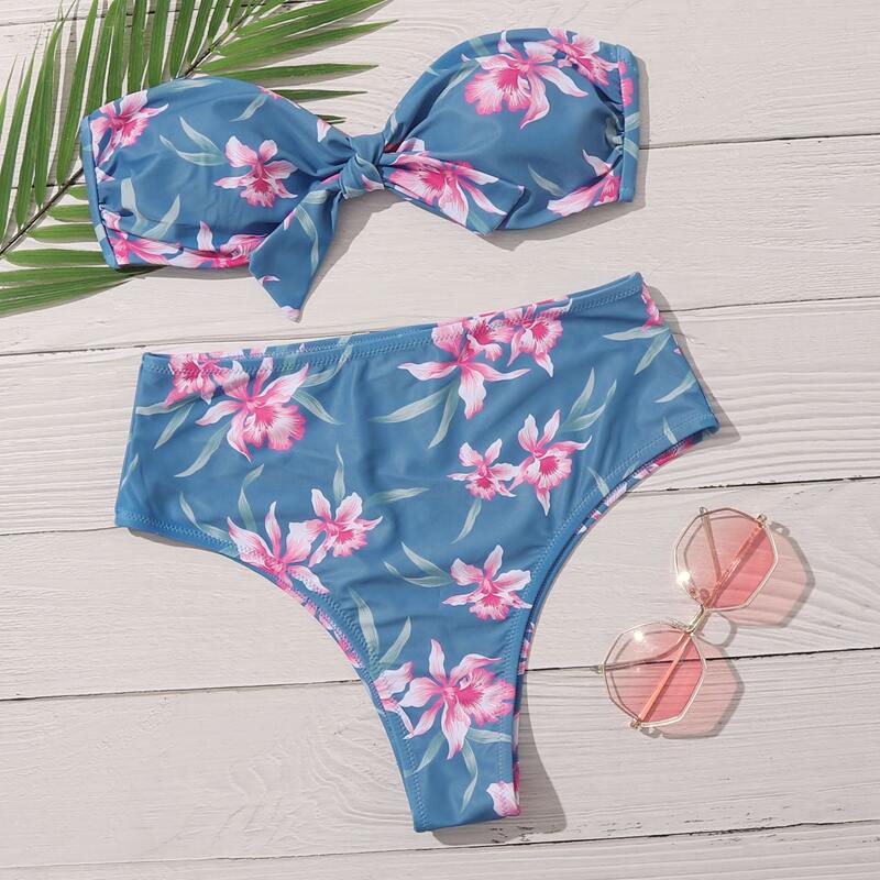 

Floral Knot Front Bandeau High Waisted Bikini Swimsuit, Multicolor