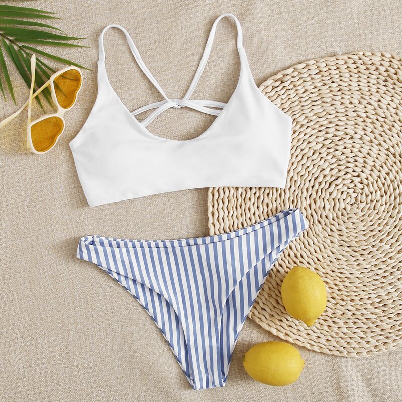 

Striped Tie Back Cheeky Bikini Swimsuit, Multicolor