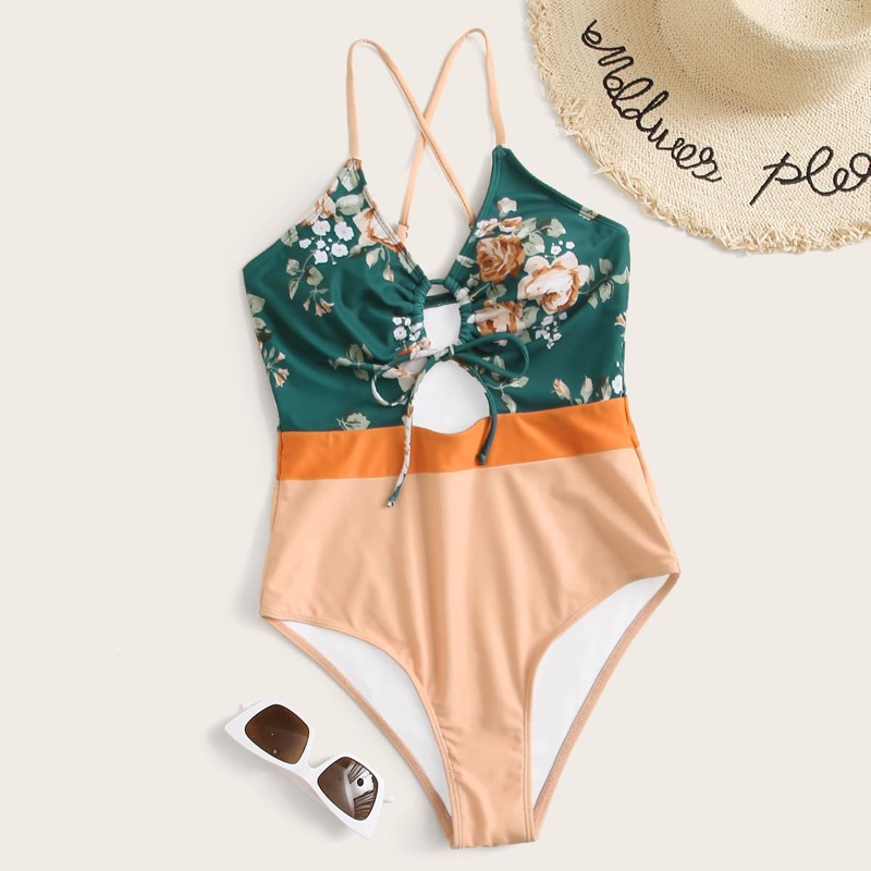 

Floral Criss Cross Cut-out One Piece Swimsuit, Multicolor