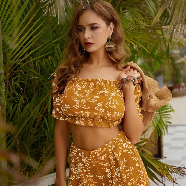 

Floral Print Frill Trim Bardot Top & Shorts, Yellow