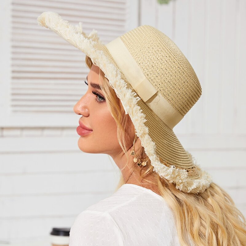 

Tassel Trim Hollow Out Straw Hat, Khaki