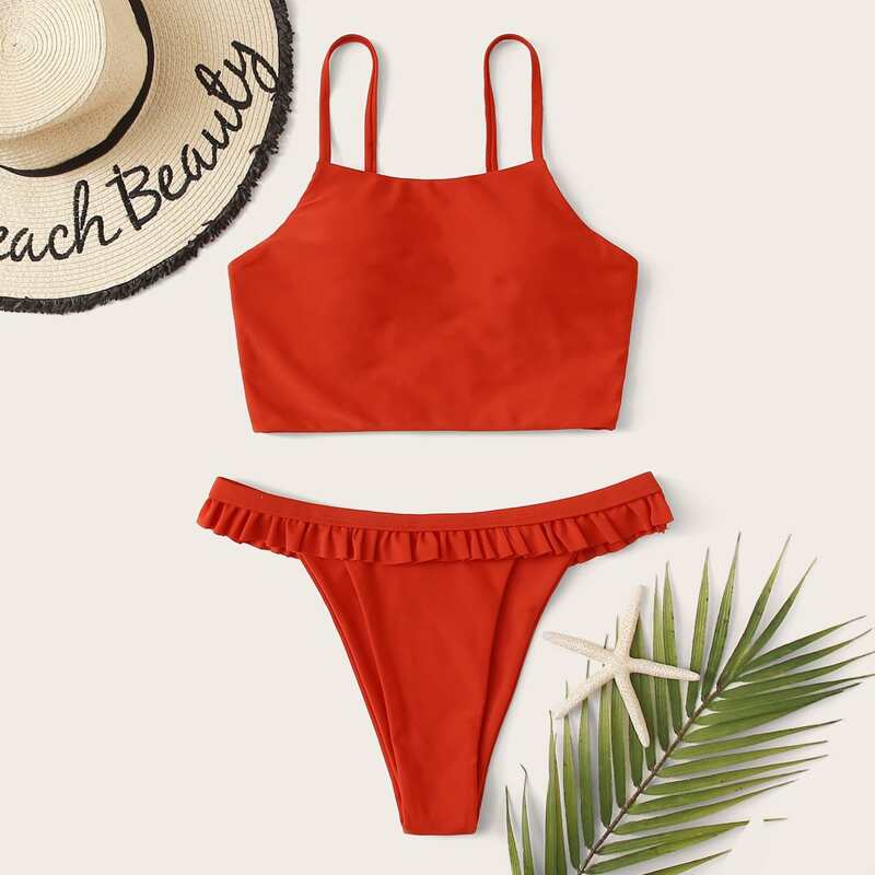 

Frill Trim Tanga Bikini Swimsuit, Orange