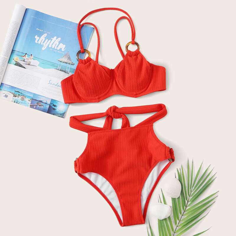 

Ring Linked Underwire High Waisted Bikini Swimsuit, Red
