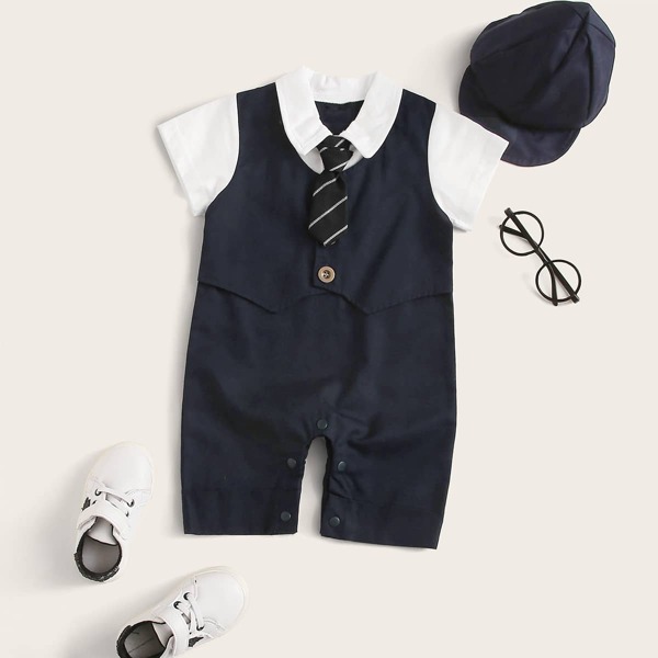 

Baby Boy 2 In 1 Necktie Jumpsuit With Hat, Navy blue