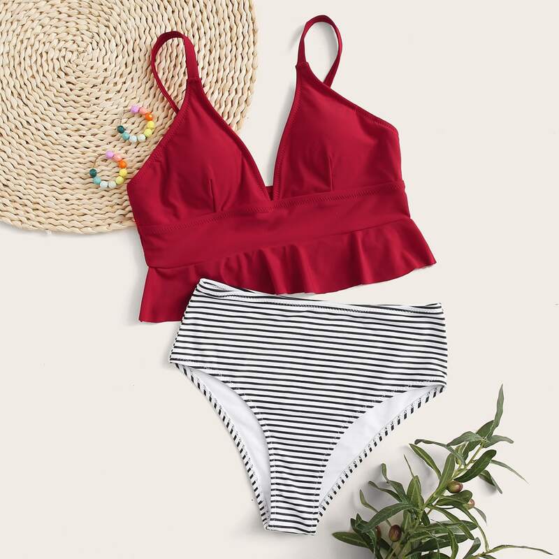 

Striped Ruffle Trim High Waisted Bikini Swimsuit, Multicolor