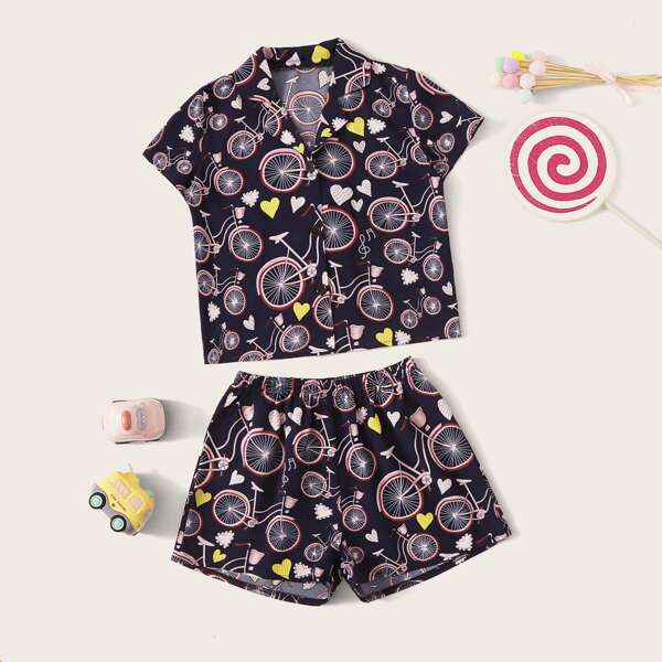 

Girls Bicycle & Heart Print PJ Set, Navy blue