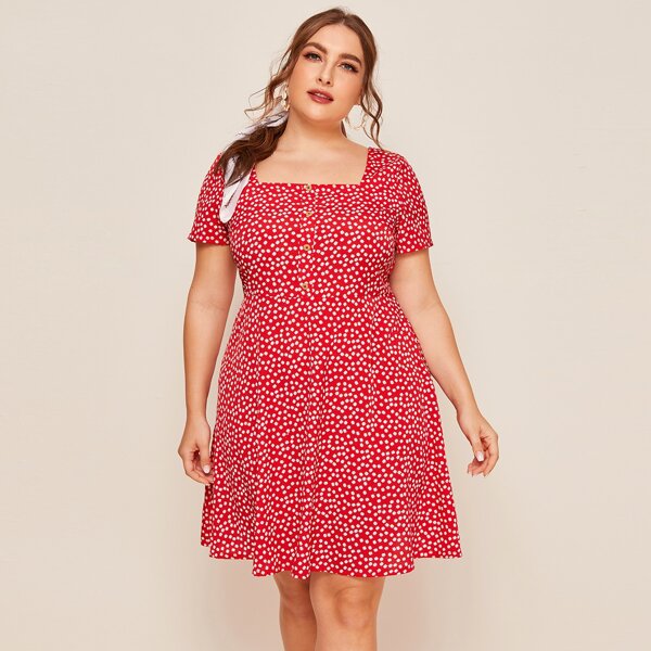 

Plus Single Breasted Ditsy Floral Dress, Red