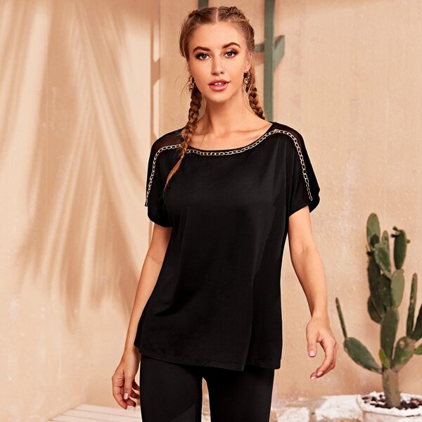 

Sheer Mesh Insert Chain Detail Top, Black