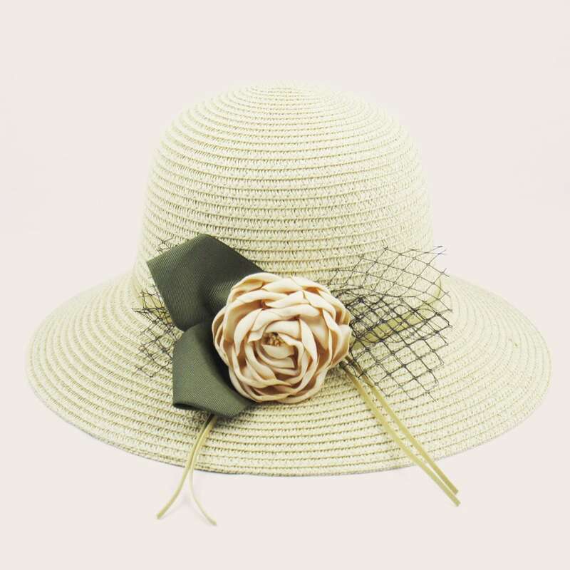 

Flower & Mesh Decor Straw Hat, Beige
