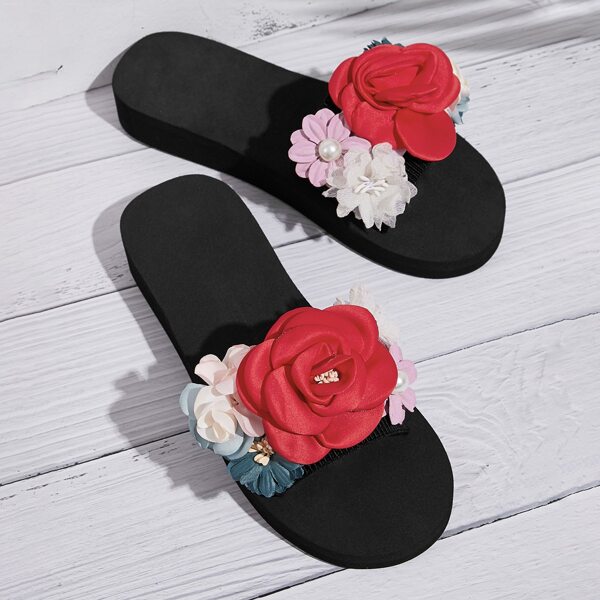 

Open Toe Floral Appliques Sliders, Multicolor