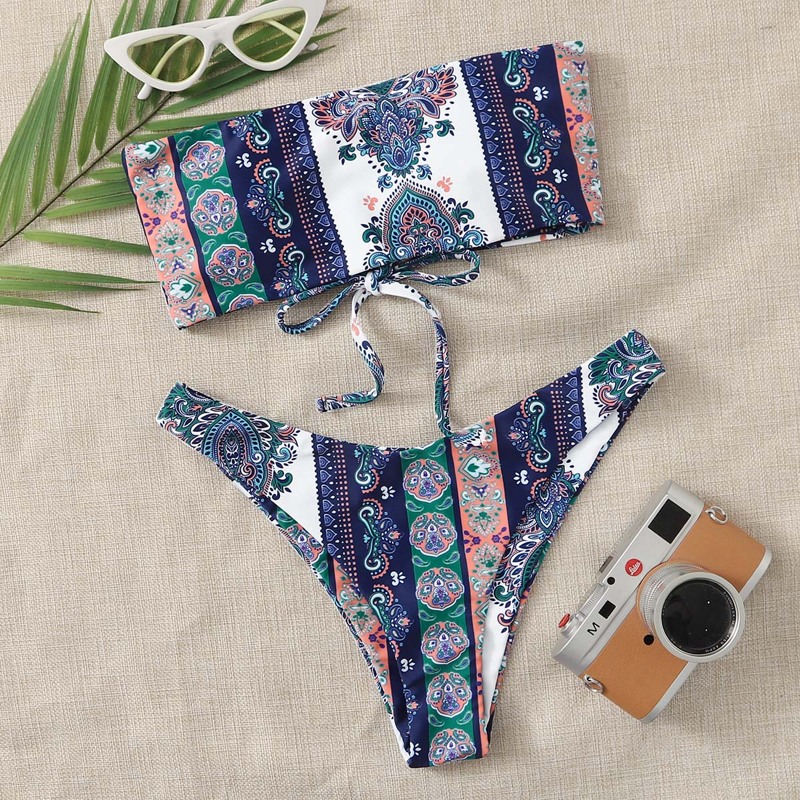 

Tribal Bandeau High Leg Bikini Swimsuit, Multicolor