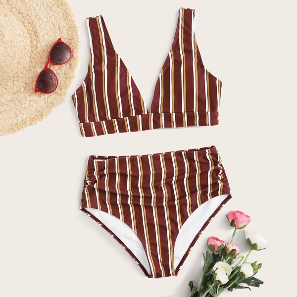 

Random Striped High Waisted Bikini Swimsuit, Multicolor