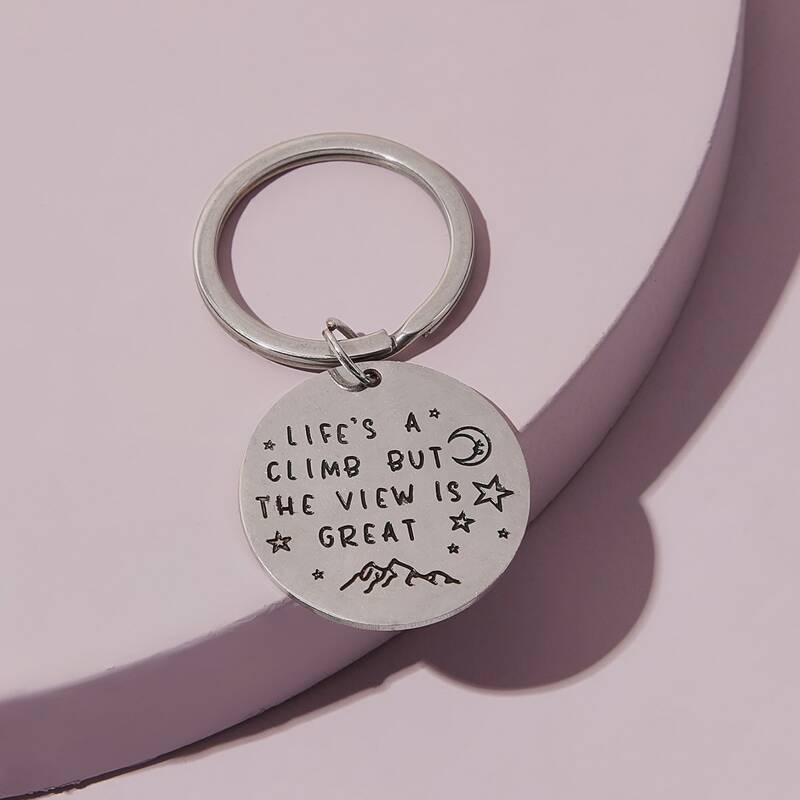 

Slogan Engraved Round Charm Keychain, Silver