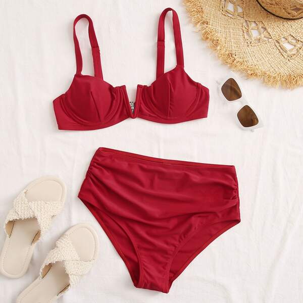 

V Wired Underwire High Waisted Bikini Swimsuit, Red