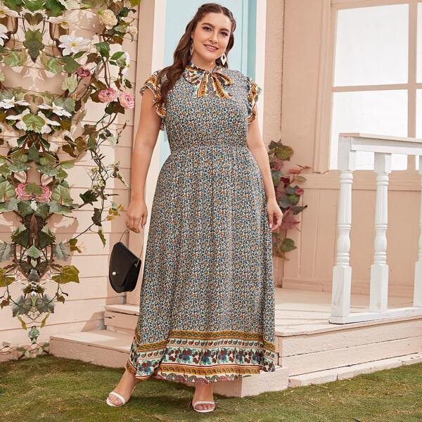 

Plus Butterfly Sleeve Tie Neck Ditsy Floral & Tribal Dress, Multicolor