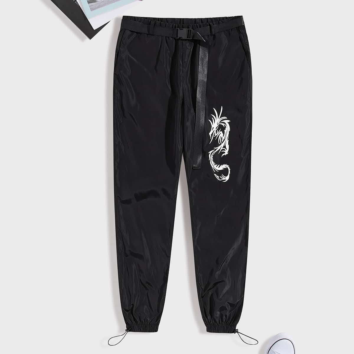 

Guys Buckle Belted Drawstring Hem Graphic Print Wind Pants, Black