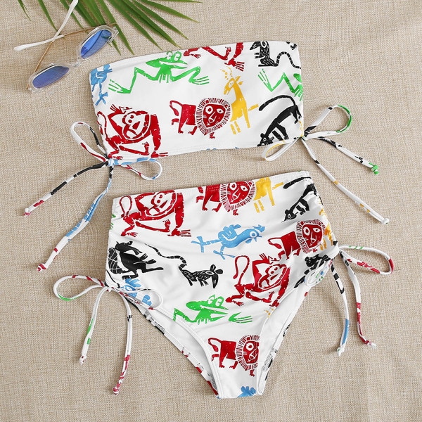 

Cartoon Animal Bandeau Tie Side Bikini Swimsuit, Multicolor