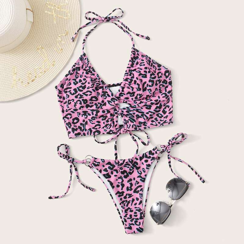

Leopard Drawstring Tie Side Bikini Swimsuit, Multicolor