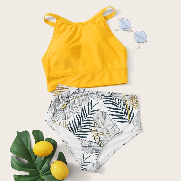 

High Neck Random Tropical High Waist Bikini Swimsuit, Multicolor