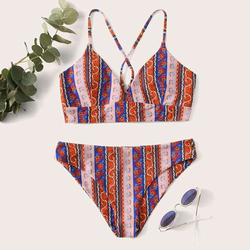 

Tribal Criss Cross Tie Back Bikini Swimsuit, Multicolor